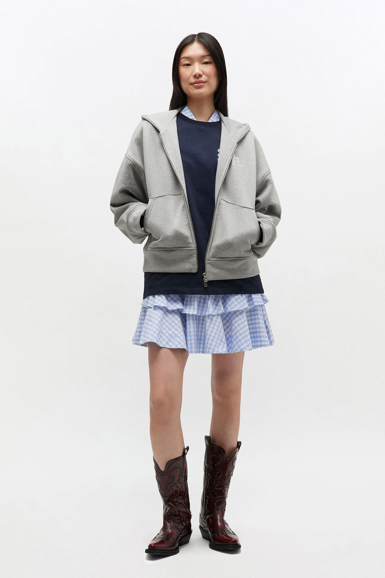 Grey Logo Zip Hoodie, Organic Cotton, in colour Paloma Melange - 1 - GANNI