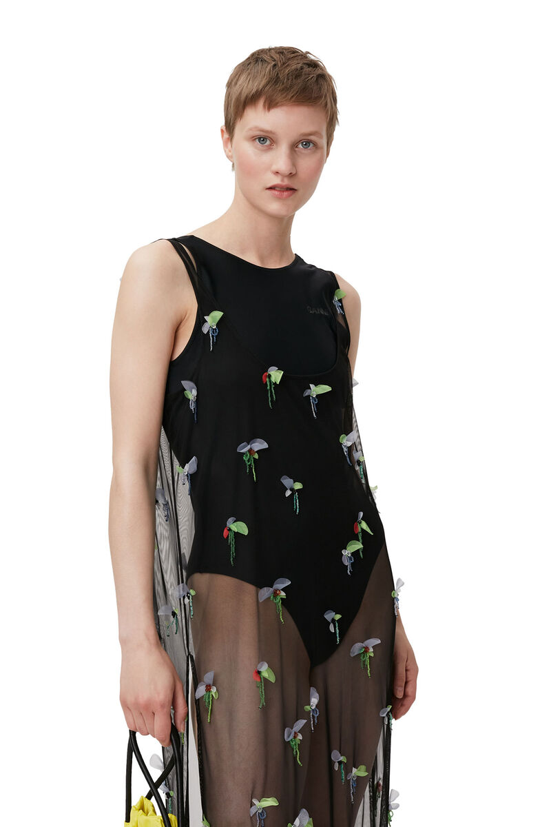 Embellished Mesh Slip Dress, Recycled Polyester, in colour Black - 3 - GANNI