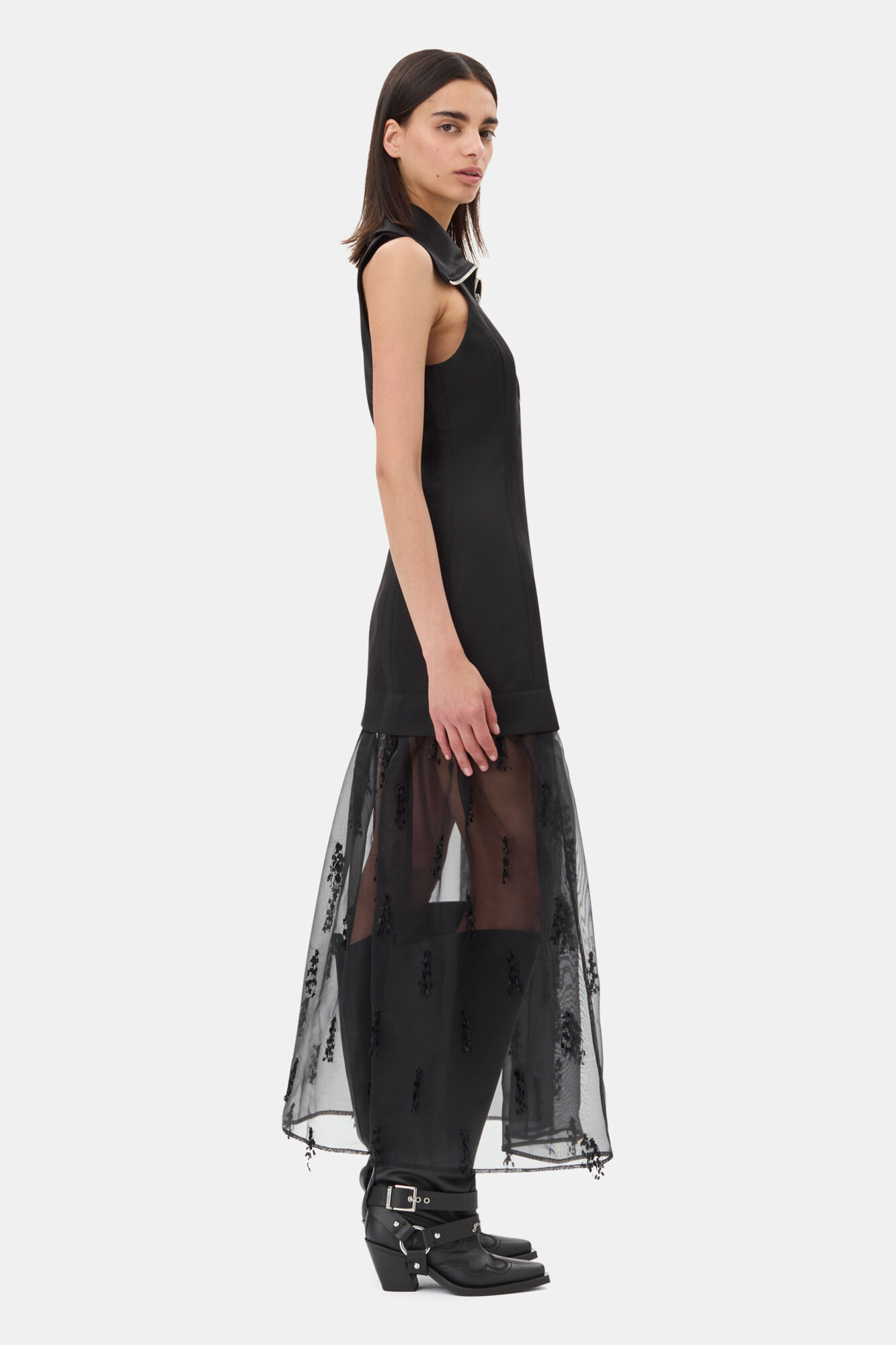 Black Fringed Organza Long Dress, Recycled Polyester, in colour Black - 3 - GANNI