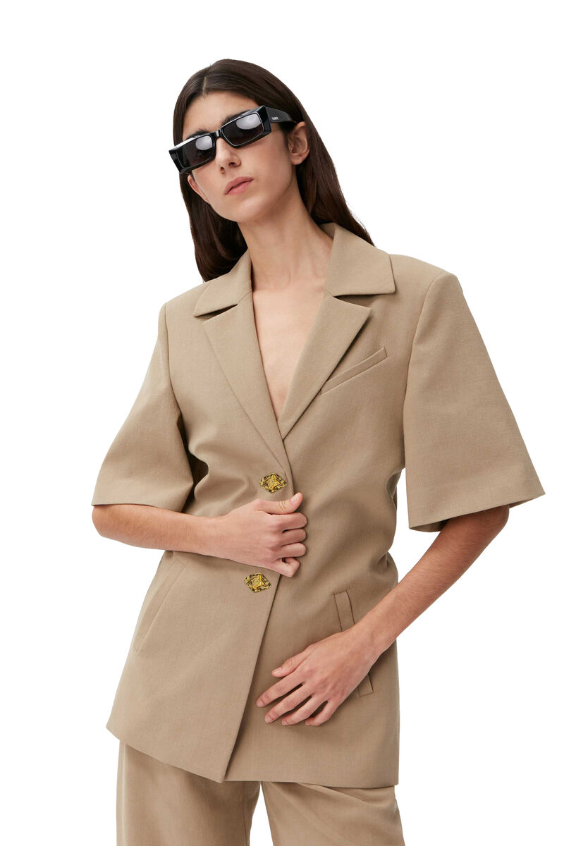 Kortermet blazer i bomull, Cotton, in colour Petrified Oak - 3 - GANNI