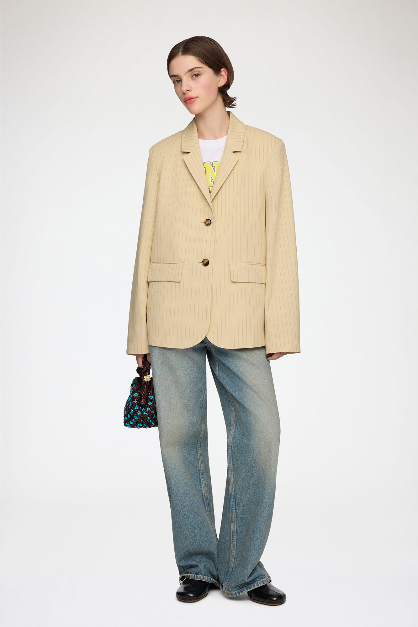 Blazer in Beige Suiting, Organic Cotton, in colour Summer Sand - 2 - GANNI