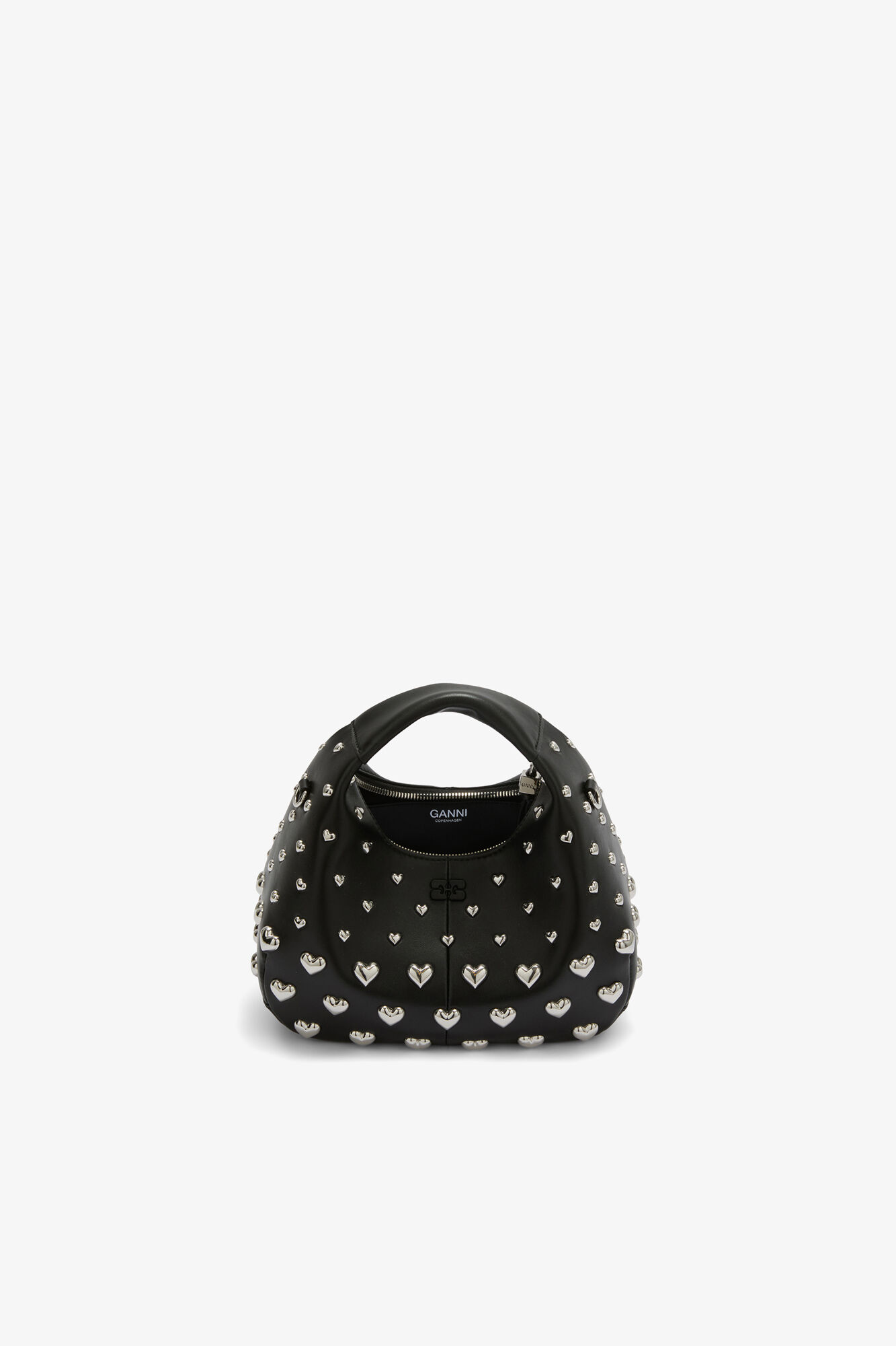 Mini Hobo Bag with Heart Studs, Recycled Leather, in colour Black - 3 - GANNI