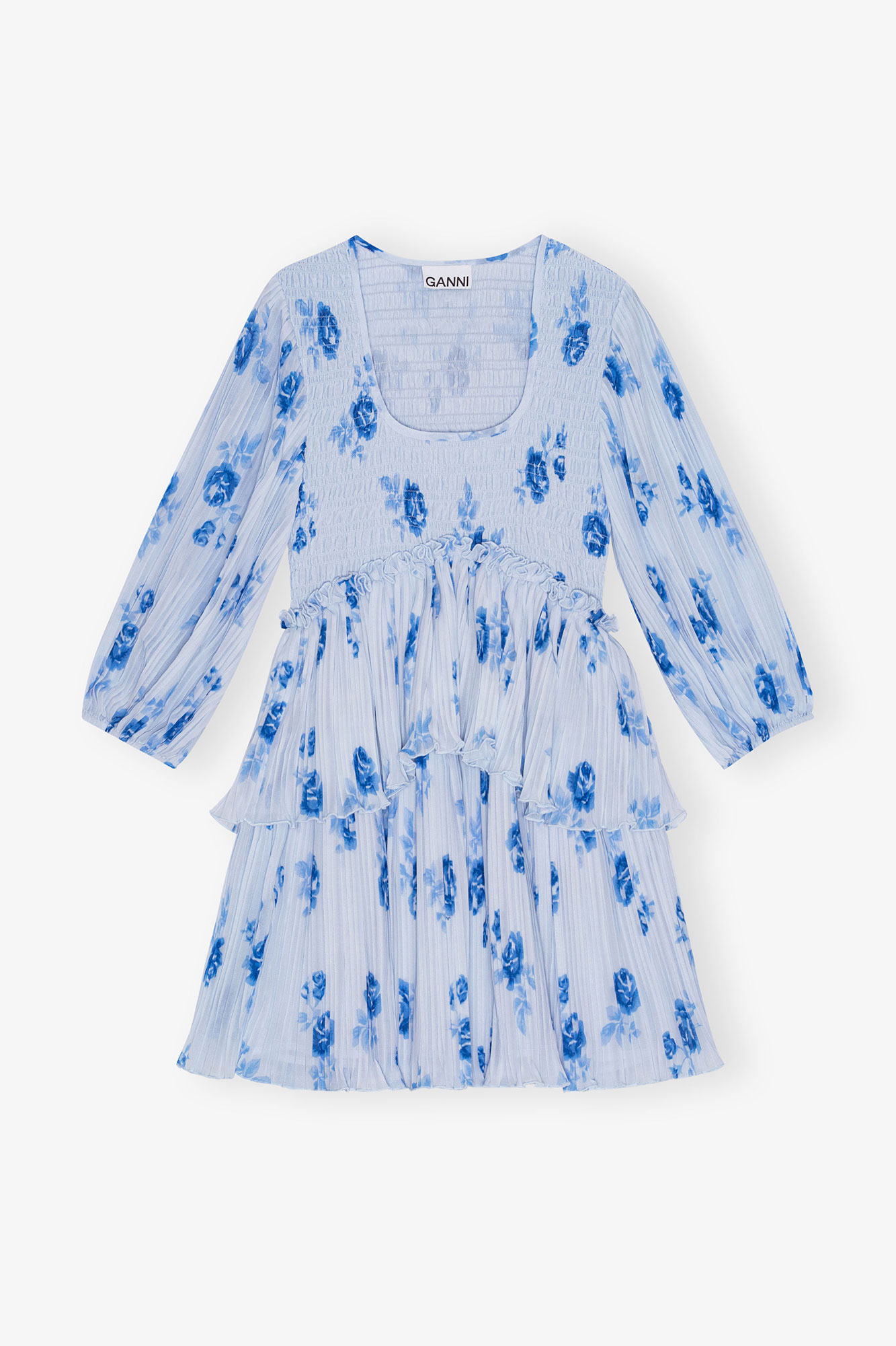 Blue Pleated Georgette Flounce Smock Mini Dress