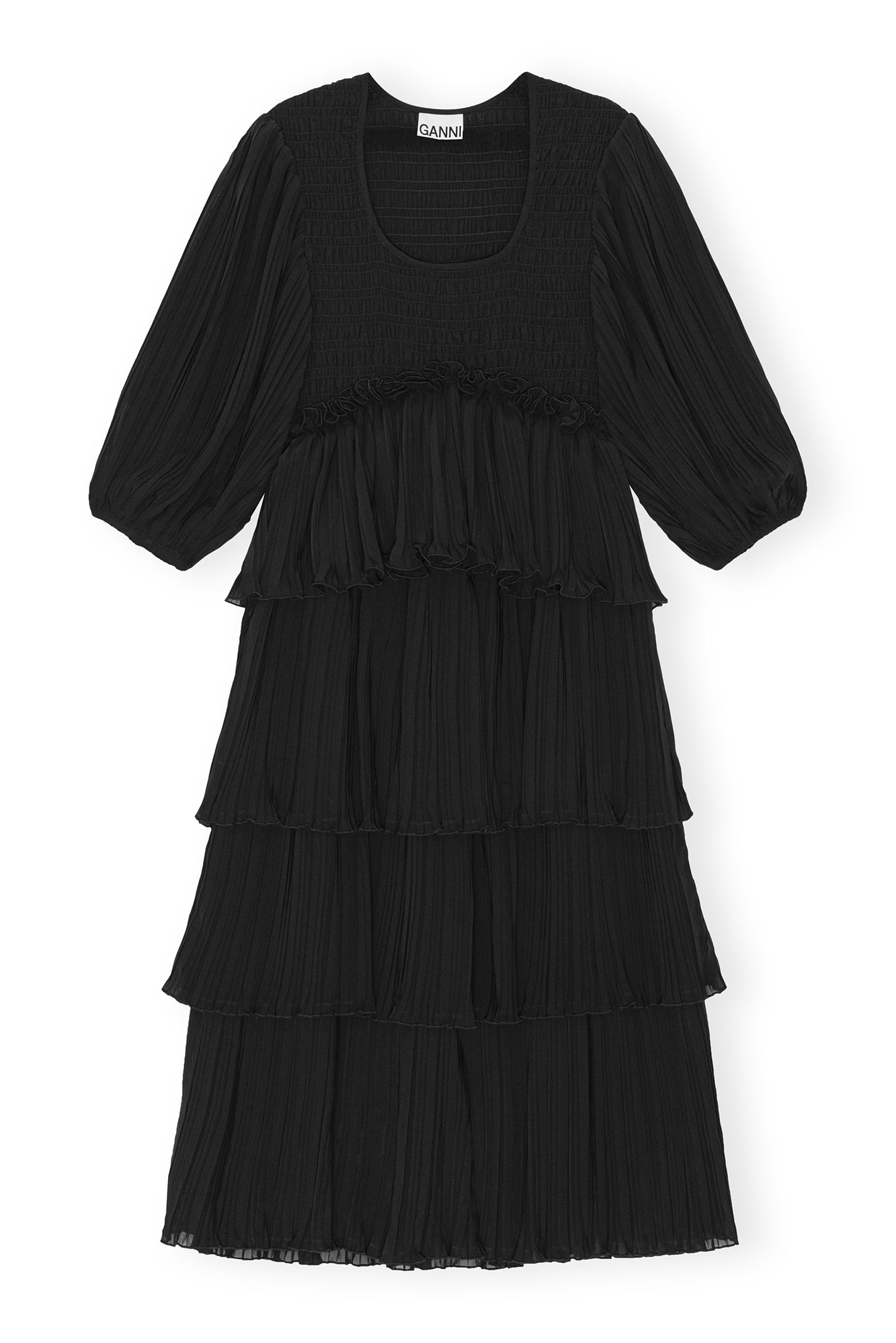 Black Black Pleated Georgette Flounce Smock Midi Dress | GANNI ES