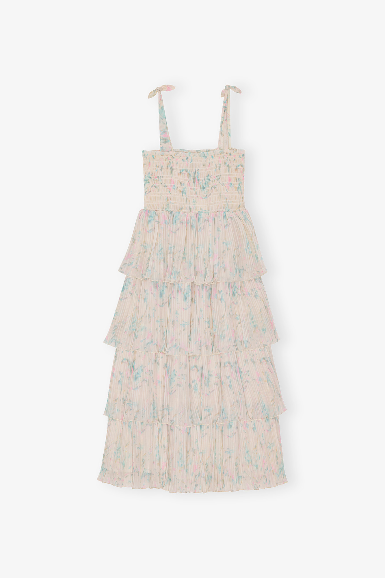 Floral Printed Pleated Georgette Strap Smock Midi Dress
