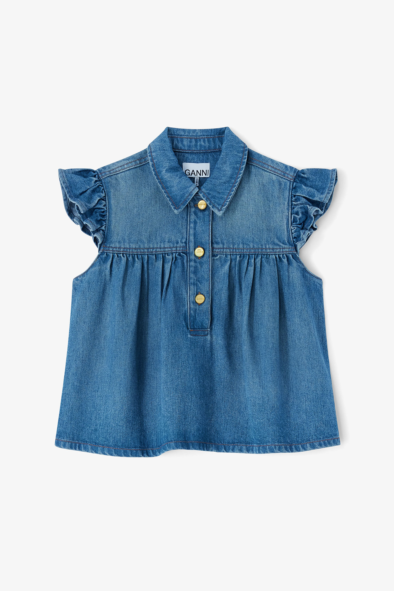 Tint Wash Denim Ruffle Top | GANNI (Global) FO