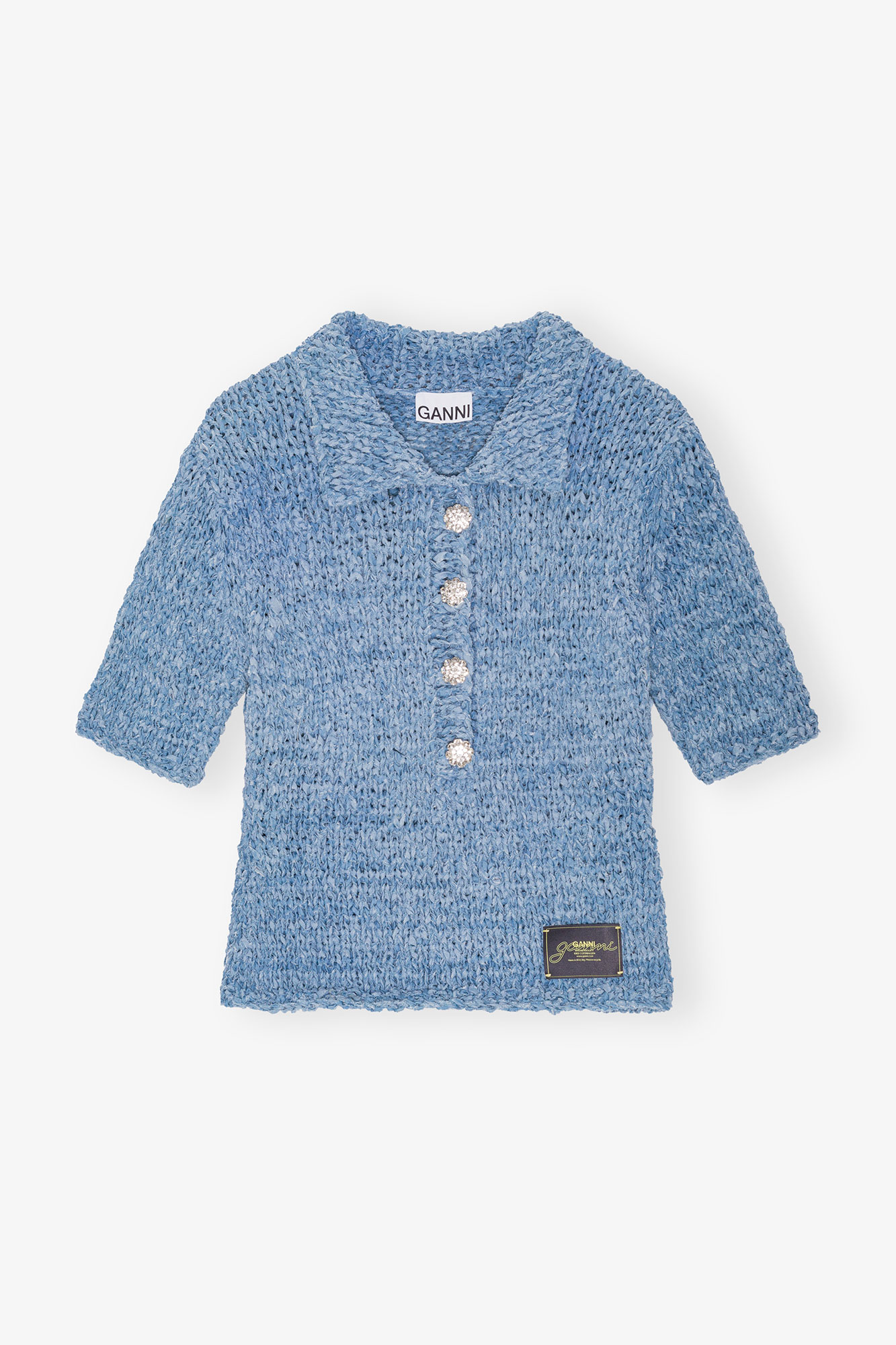 Light Indigo Blue Denim Handknit Polo | GANNI US