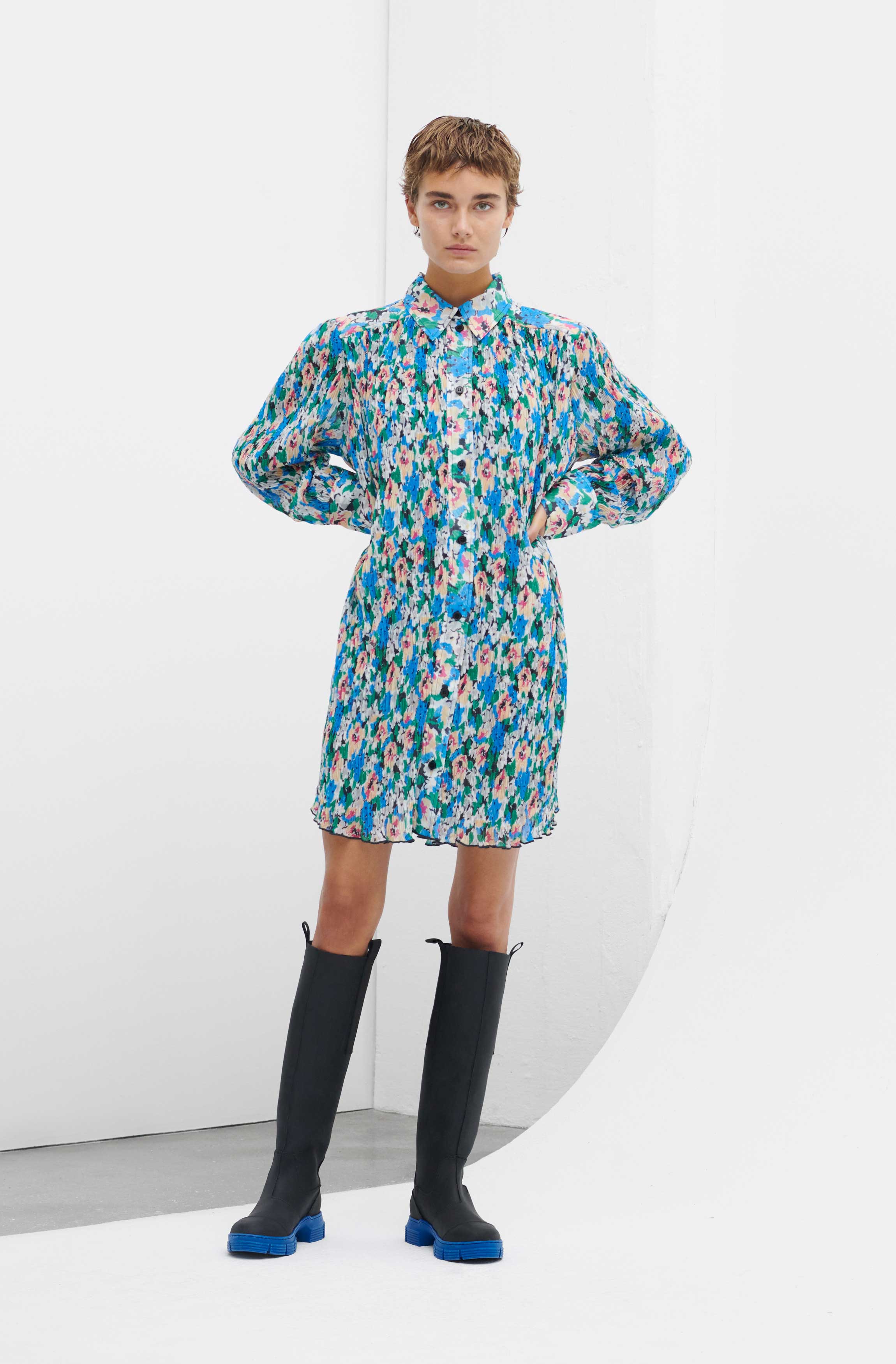 Floral Azure Blue Pleated Georgette 