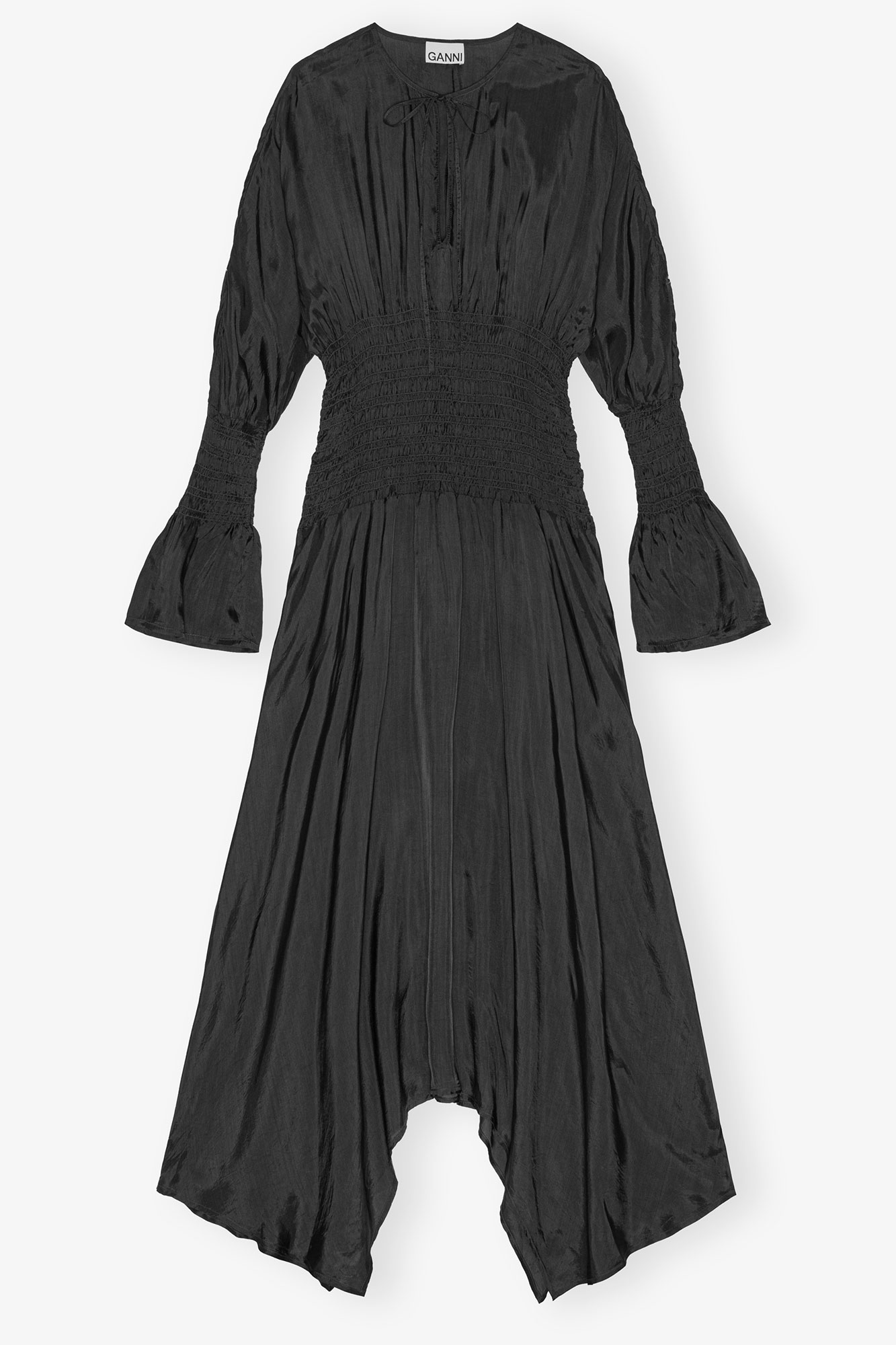 Phantom Black Viscose Habotai Smock Midi Dress | GANNI US