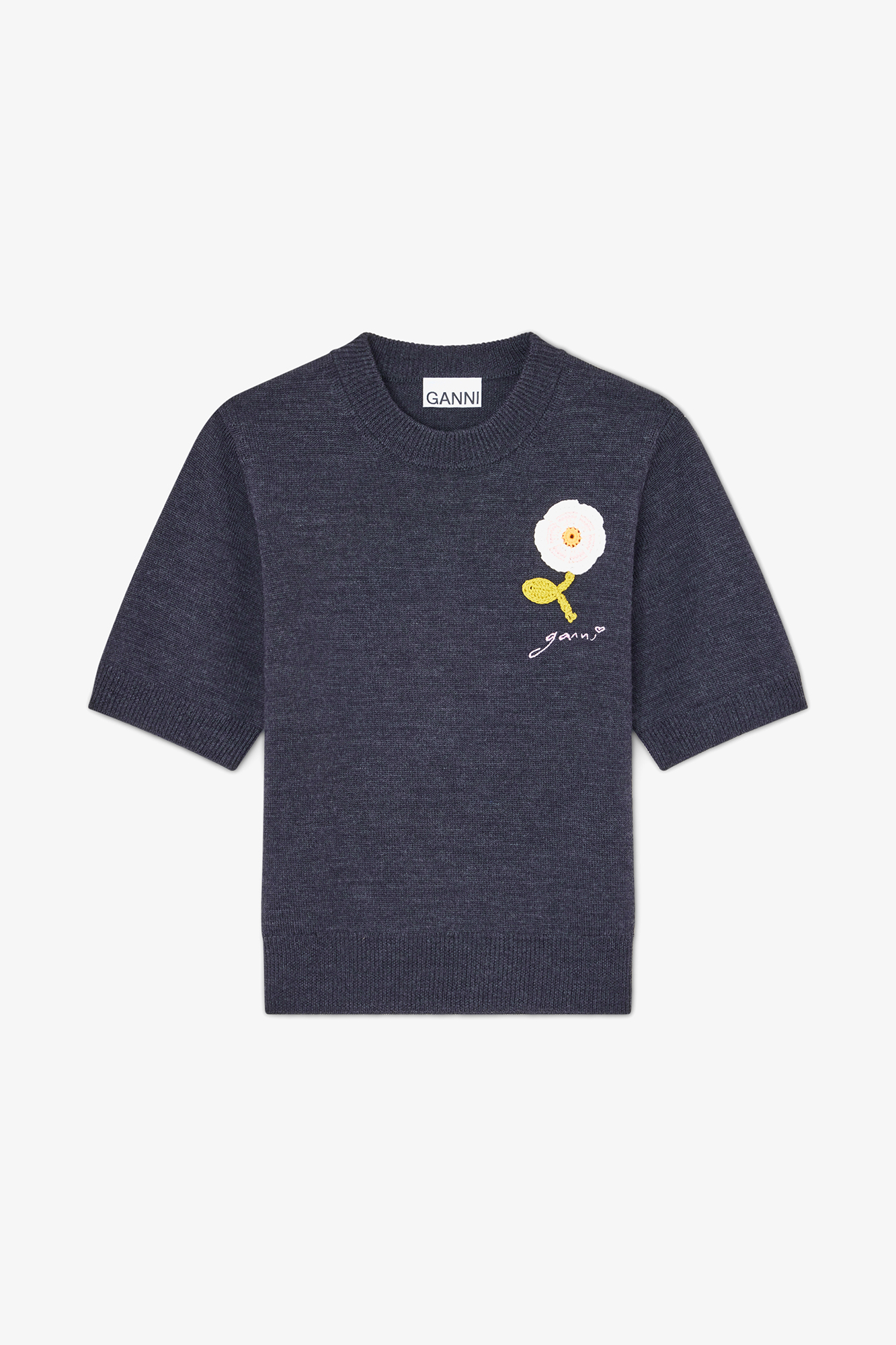 GANNI Growing Slowly Crochet Flower Tシャツ GANNI Basic Cotton Jersey Baby Fit Crochet Patch Tee - Phantom
