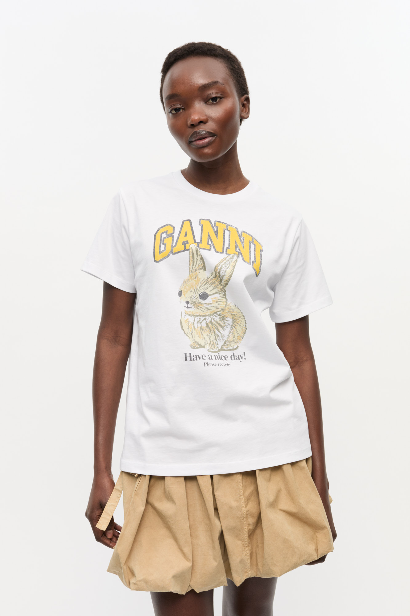 ganni tシャツ Bright White White Relaxed Jersey Kitty T-shirt | GANNI US