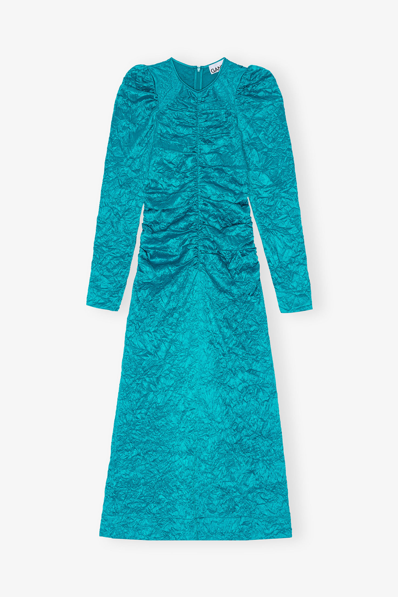 Blue Crinkled Satin O Neck Midi Dress