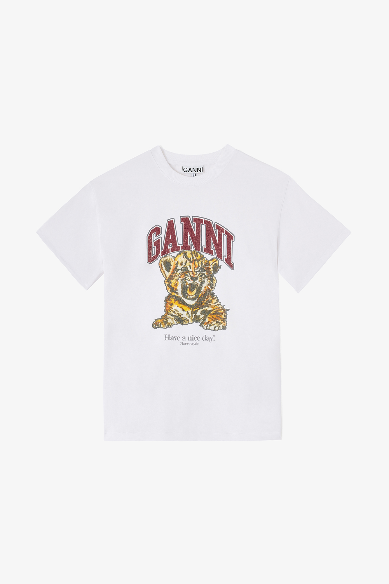 GANNI ライオンイラスト Tシャツ ホワイト Bright White White Beaded Tiger T-shirt | GANNI (Global) TH