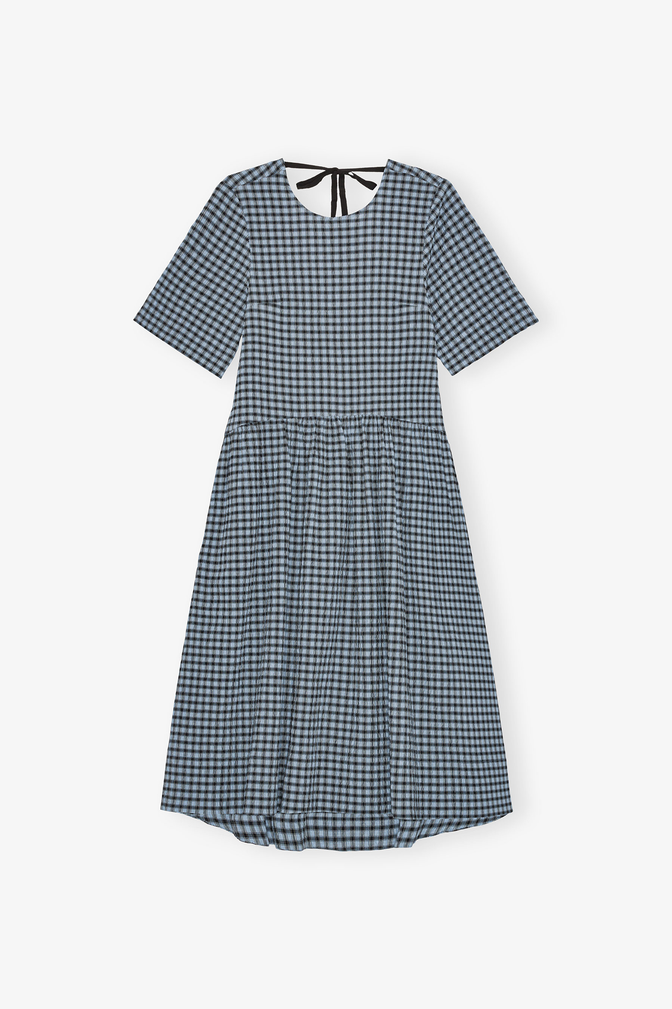 GANNI Blue Seersucker Check Midi Dress - Size 4 Organic Cotton