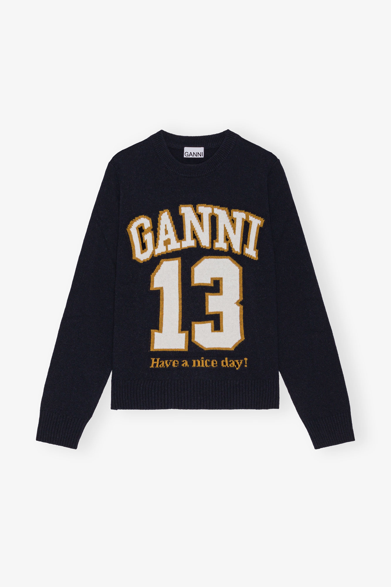 Sky Captain Dark Blue Graphic Wool Mix Baseball Sweater | GANNI US