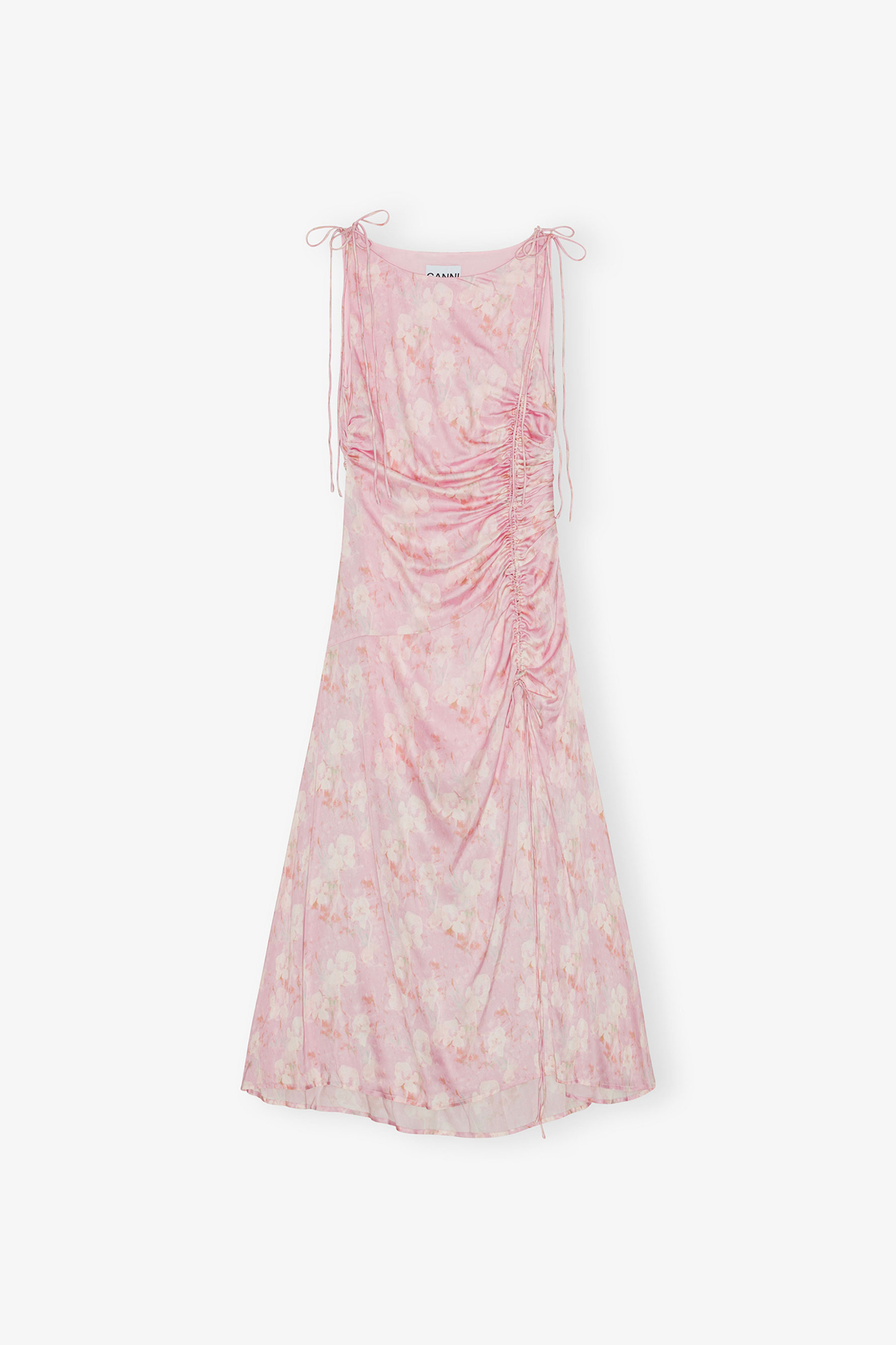 GANNI Pink Printed Satin Gathered Dress - Size 8/10 Viscose