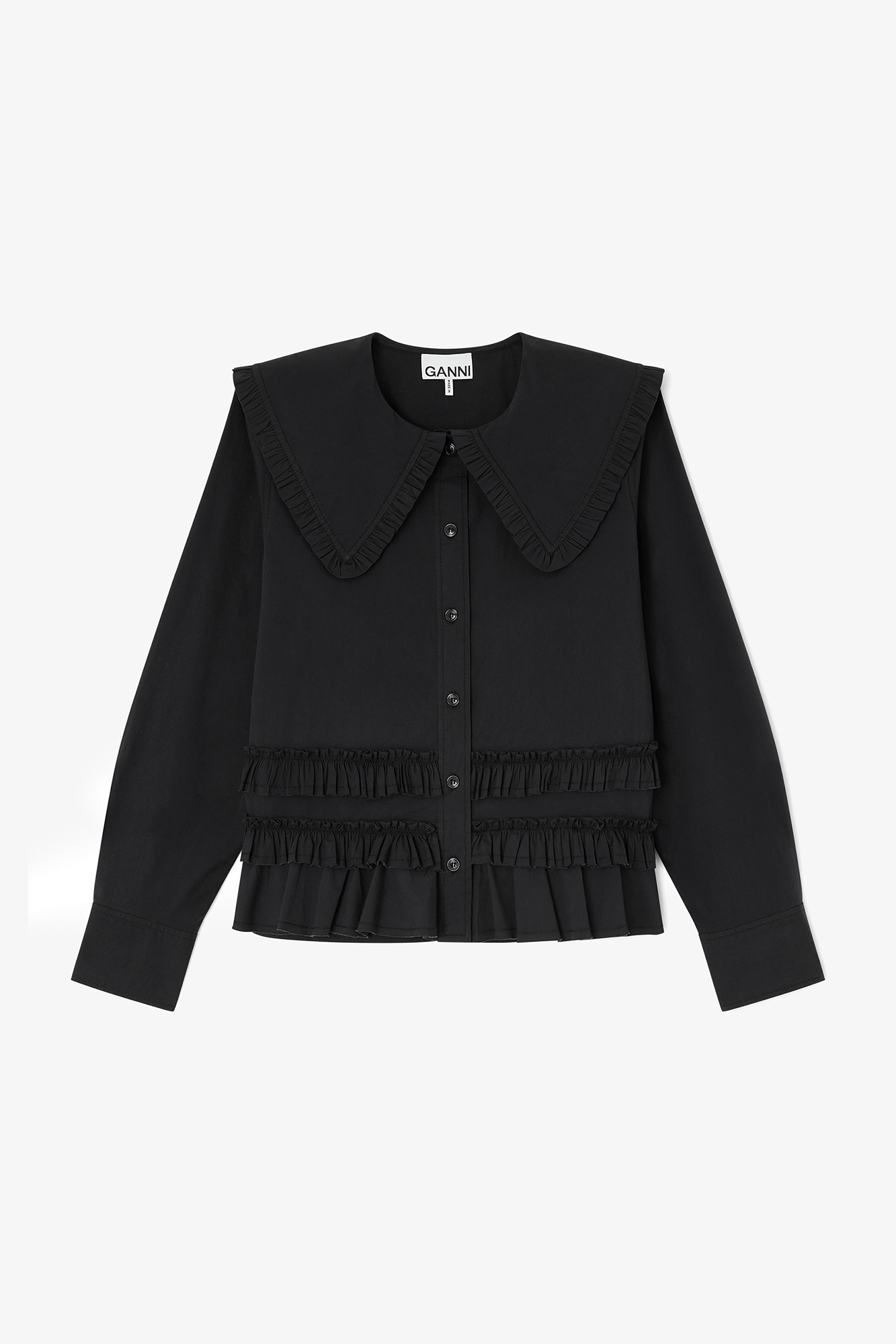 Jet Black Stretch Cotton Ruffle Shirt | GANNI