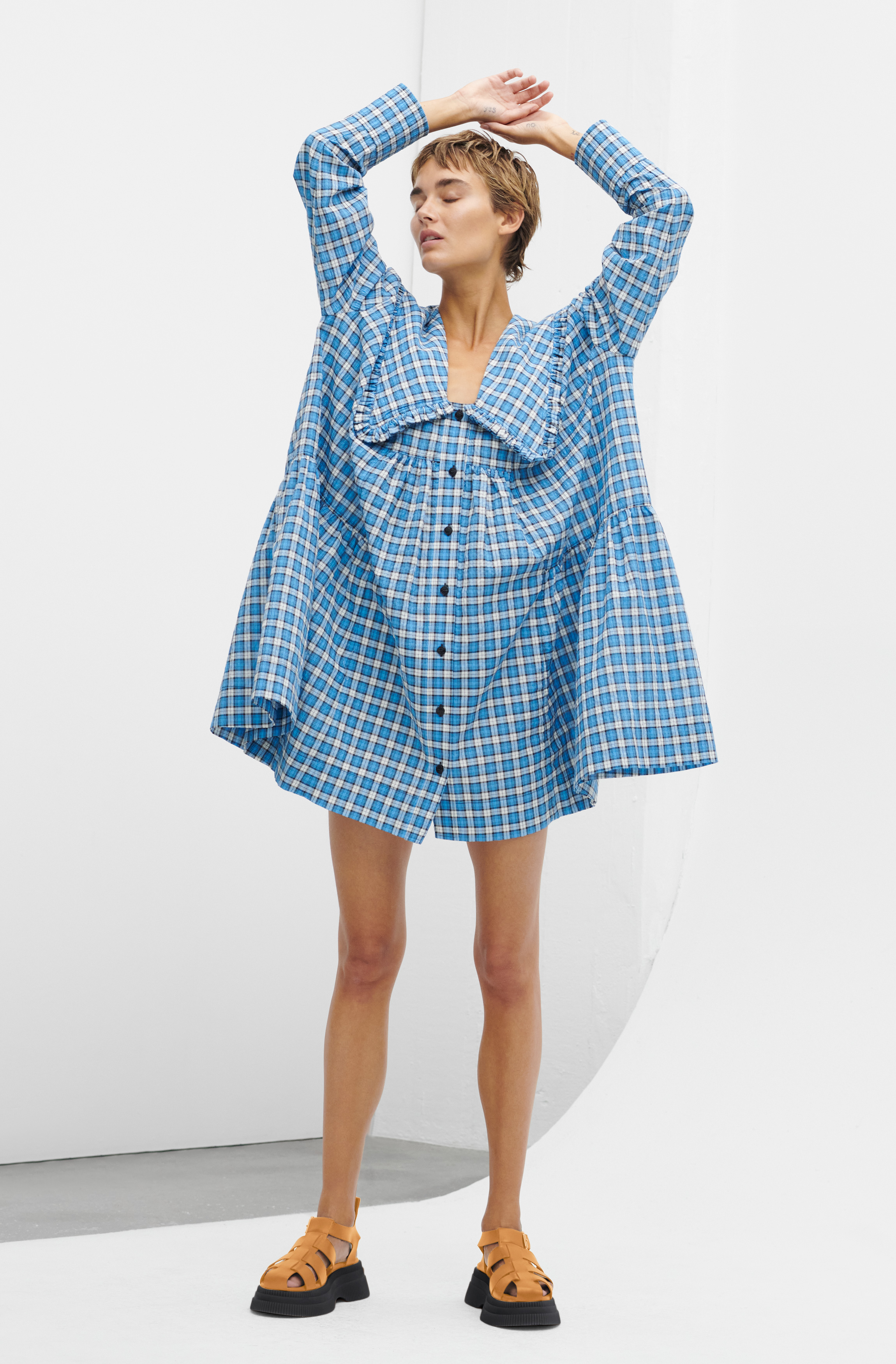 Check Azure Blue Oversized Seersucker 