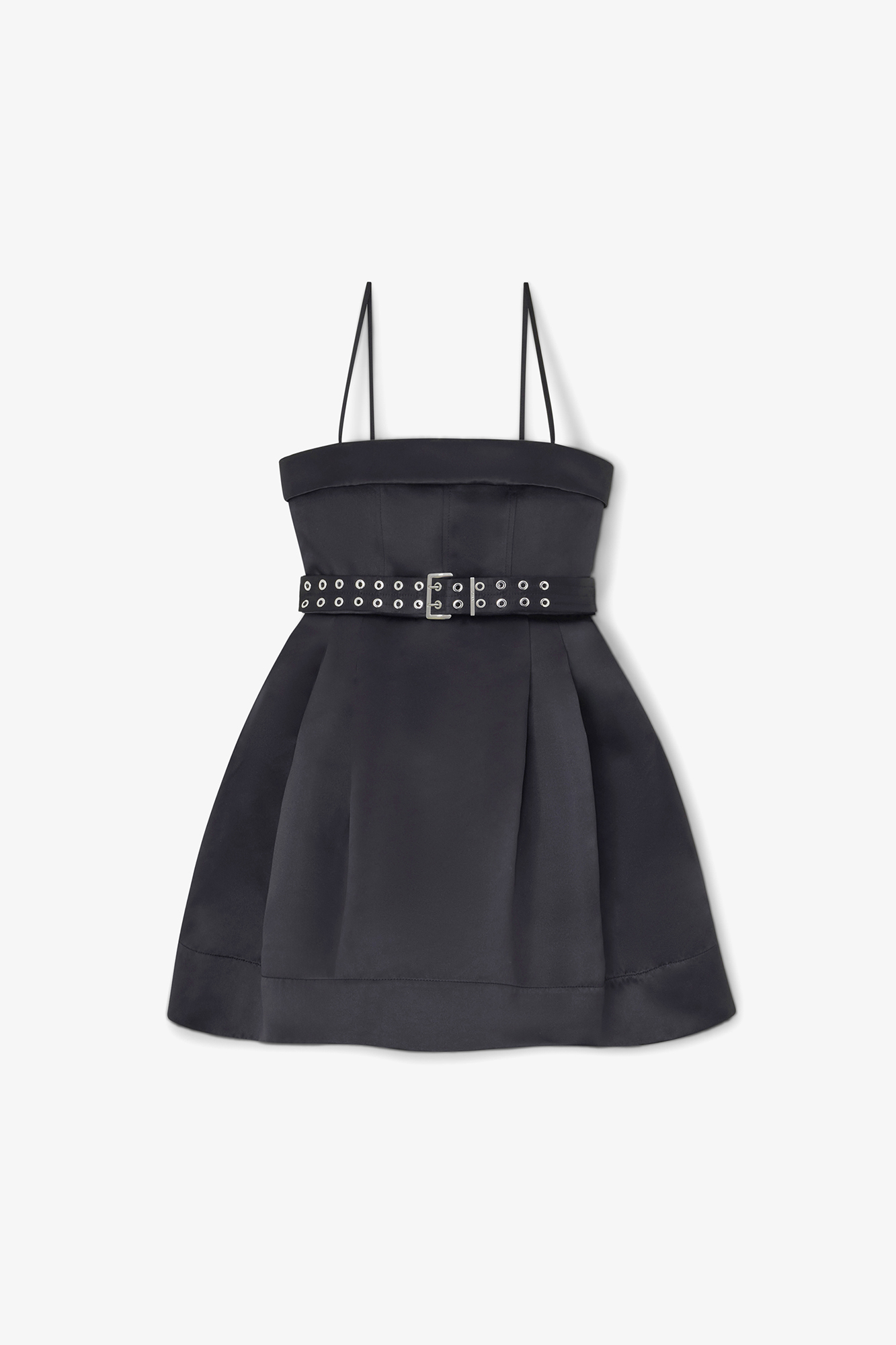 ganni pleated satin dress black GANNI black satin pleated belt oversize dress with balloon sleeves BOREAL REBORN