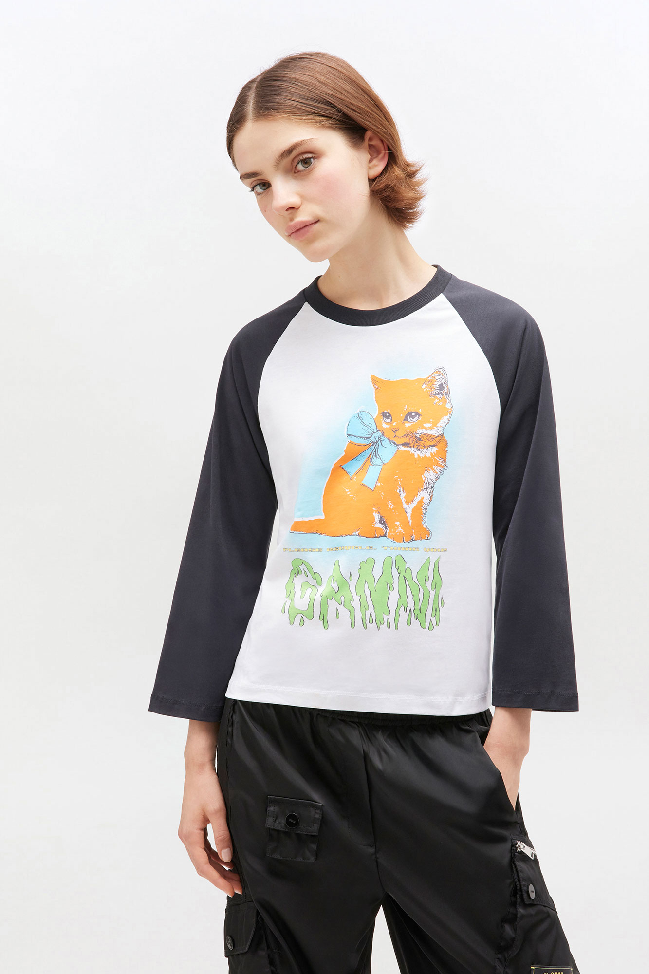 Bright White White Cropped Kitty T-shirt | GANNI US