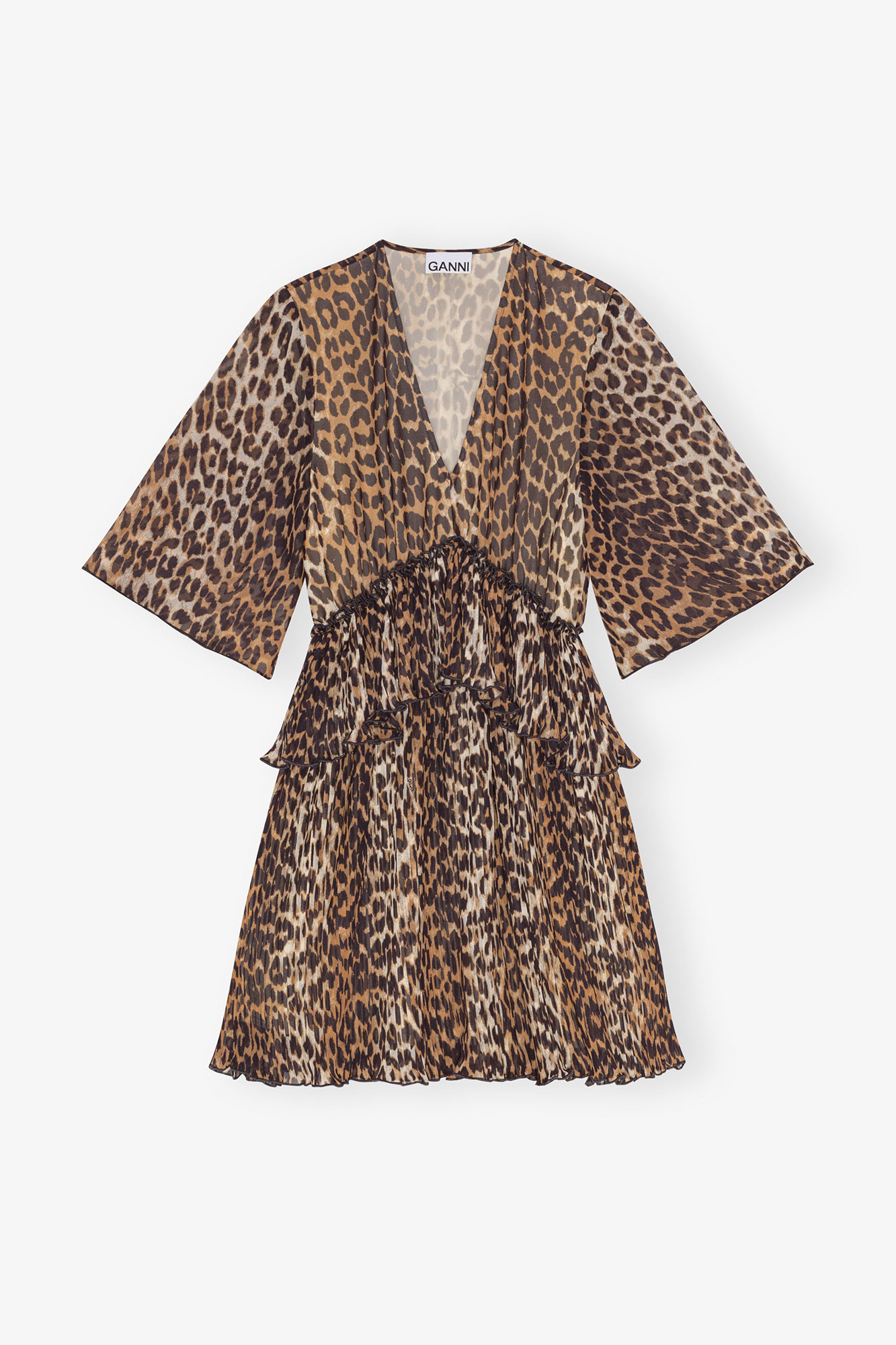 Leopard Pleated Georgette V Neck Flounce Mini Dress