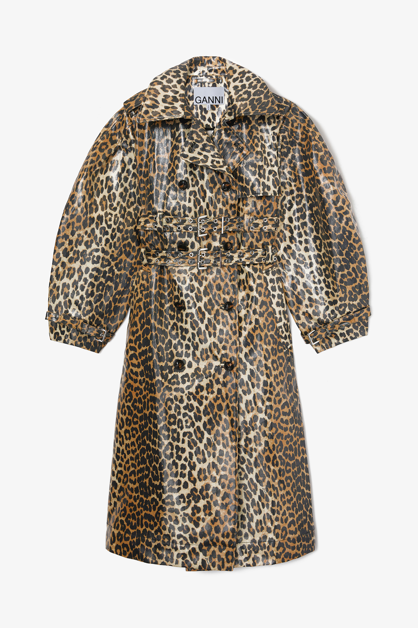 Leopard Laminated Cotton Trench Coat | GANNI US