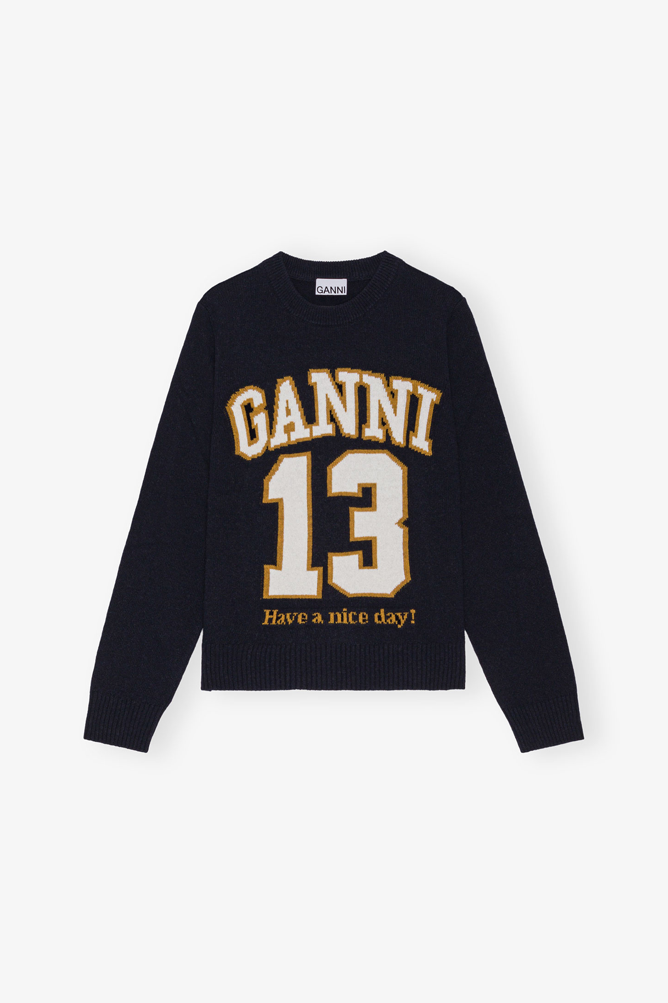 Dark Blue Graphic Wool Mix Baseball Sweater | GANNI US Dark Blue Graphic Wool Mix Baseball Sweater | GANNI US