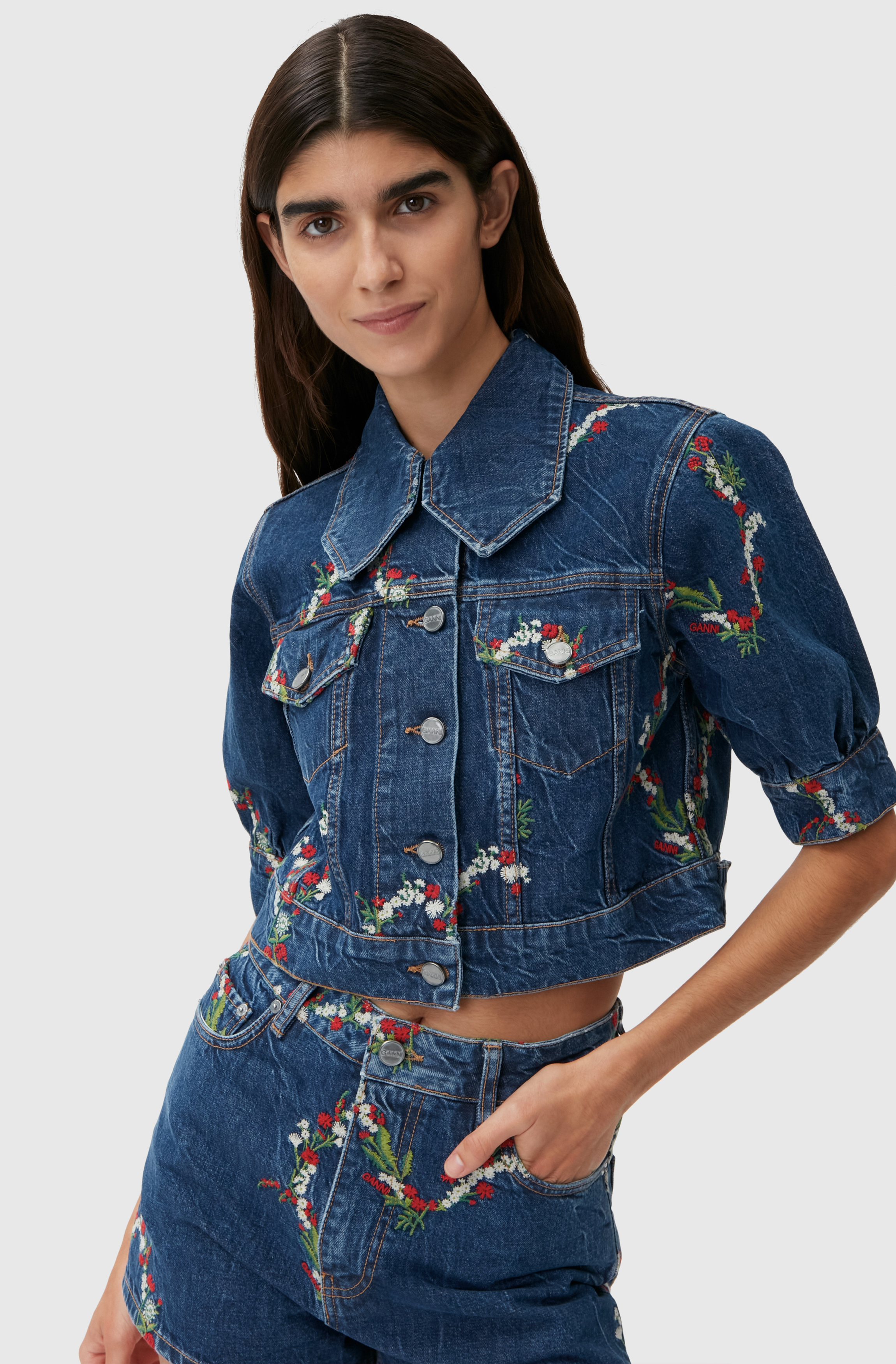 GANNI Embroidered Cropped Denim Jacket 40 Blue Denim